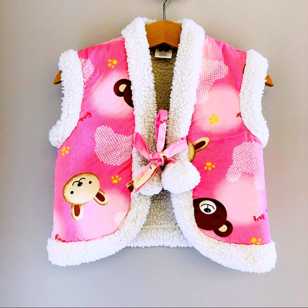 GIRLS FAUX SHEEPSKIN SHEARLING Vest Pom Pom Bears